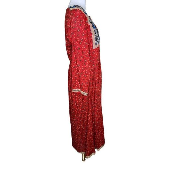 Vintage 70s Boho Maxi Peasant Dress Womens Size M Red Gauze Ethnic Embroidered T - Picture 2 of 5